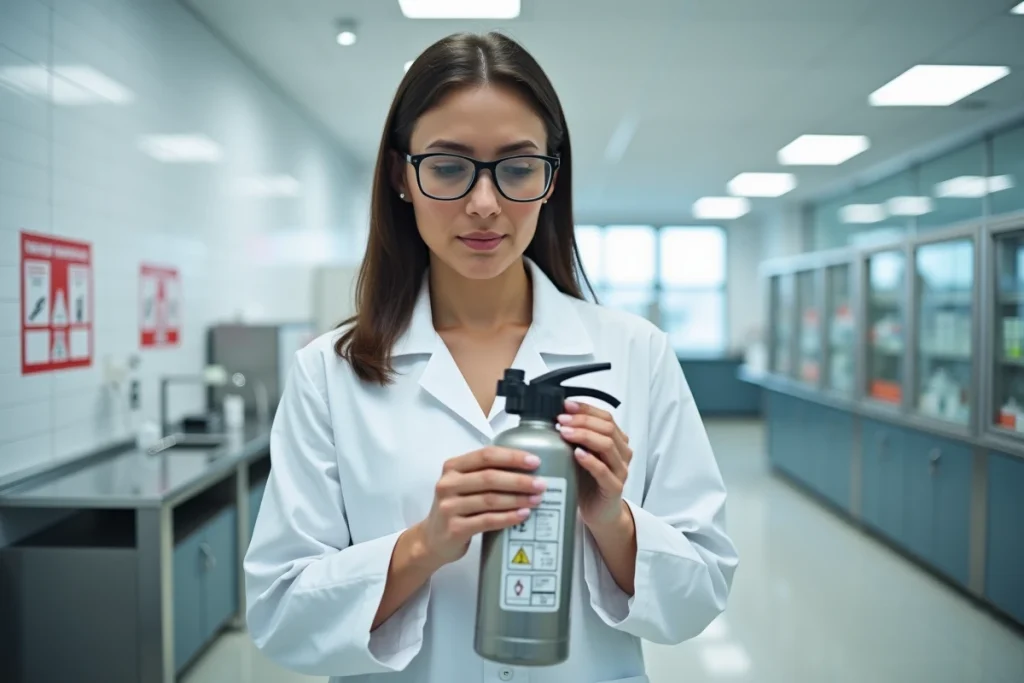 Femme en blouse de laboratoire tenant un extincteur à poudre et lisant les classes de feux