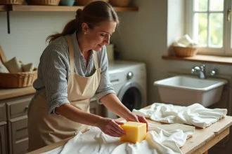 Femme appliquant du savon de fiel de bœuf sur une blouse en soie blanche dans une buanderie rustique française