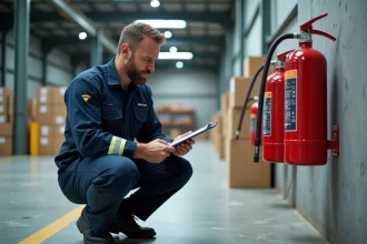 Technicien en sécurité incendie inspectant un extincteur CO2 rouge dans un entrepôt industriel