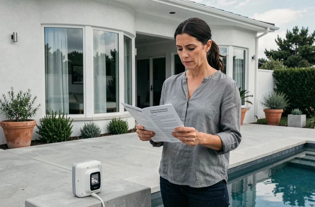 Une femme consulte le manuel d'une alarme de piscine installée sur le bord d'une piscine privée moderne