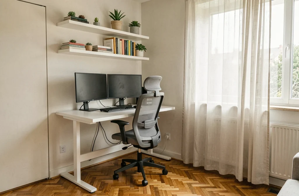 Espace de télétravail aménagé dans un coin de salon avec bureau blanc, double écran et étagères décoratives dans une maison lumineuse