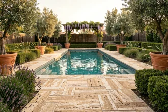 Aménagement paysager complet autour d'une piscine enterrée rectangulaire avec margelles en travertin, haies de buis et oliviers en pot dans un jardin méditerranéen