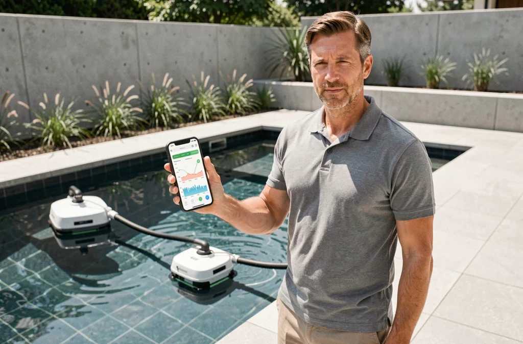 Homme consultant l'application domotique sur smartphone pour surveiller le nettoyage automatique de sa piscine