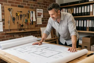 Architecte calculant le volume d'une dalle béton sur des plans de maison dans un studio professionnel