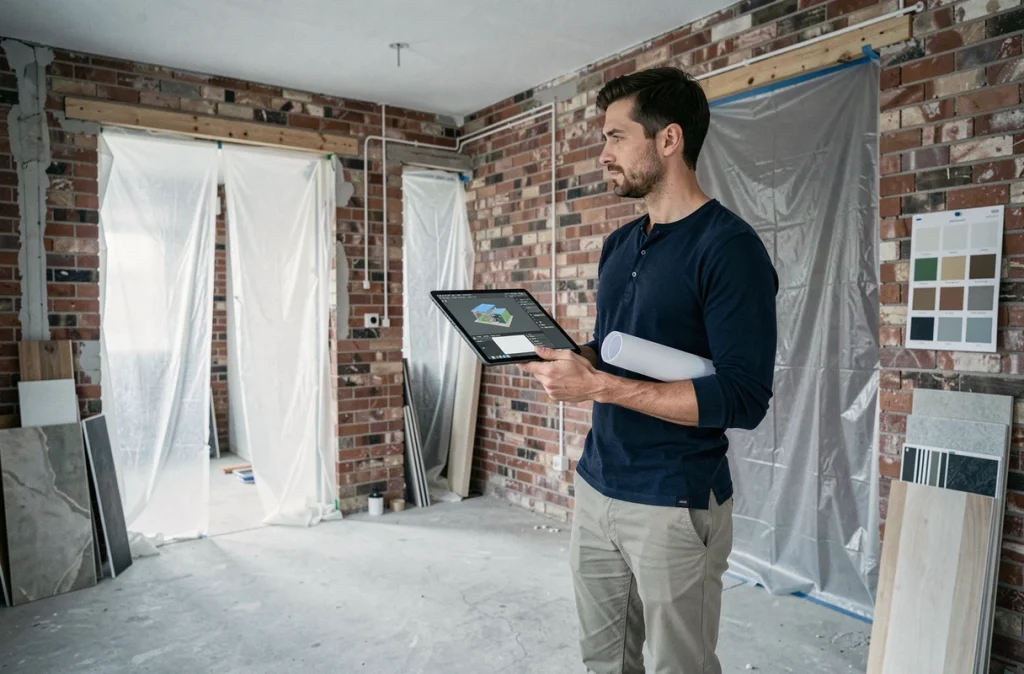 Architecte d'intérieur masculin inspectant un appartement en rénovation avec une tablette affichant un rendu 3D et des plans techniques
