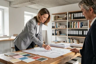 Architecte d'intérieur femme en consultation avec un client autour de plans et d'échantillons de matériaux dans un studio de design contemporain