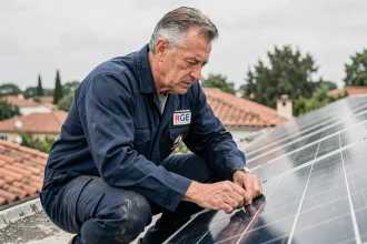 Artisan RGE certifié inspectant des panneaux solaires sur un toit résidentiel lors de travaux de rénovation énergétique