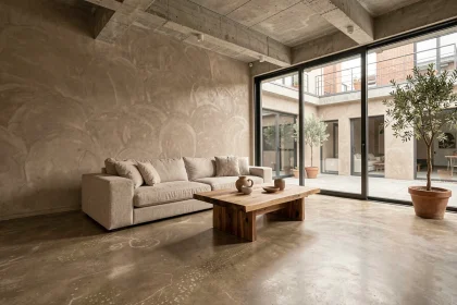 Salon moderne avec sol et mur en béton ciré taupe, canapé en lin et table basse en chêne brut dans un loft contemporain
