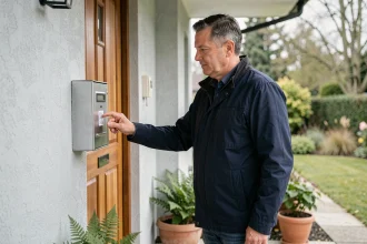 Homme utilisant une boîte à clés murale avec code installée à l'extérieur d'une maison