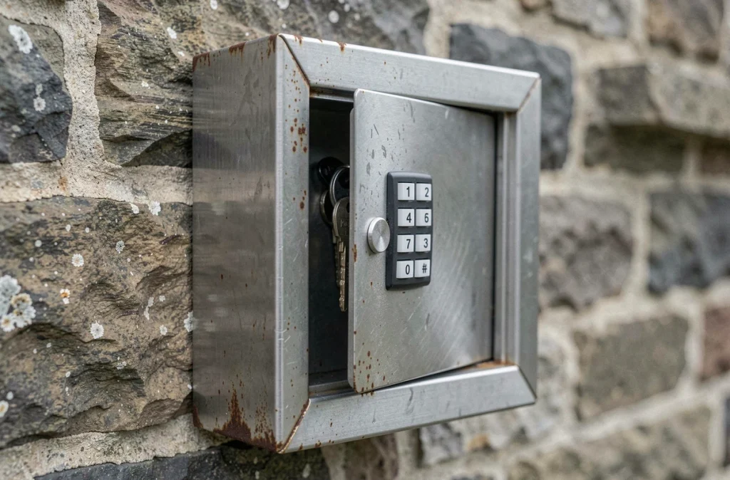 Boîte à clés sécurisée avec code numérique fixée sur un mur extérieur en pierre