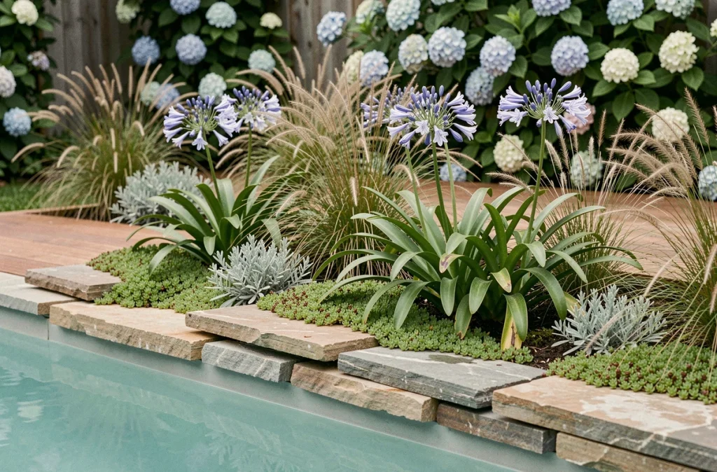 Bordure végétalisée en pierre naturelle autour d'une piscine enterrée avec agapanthes en fleurs, graminées ornementales et couvre-sol sedum
