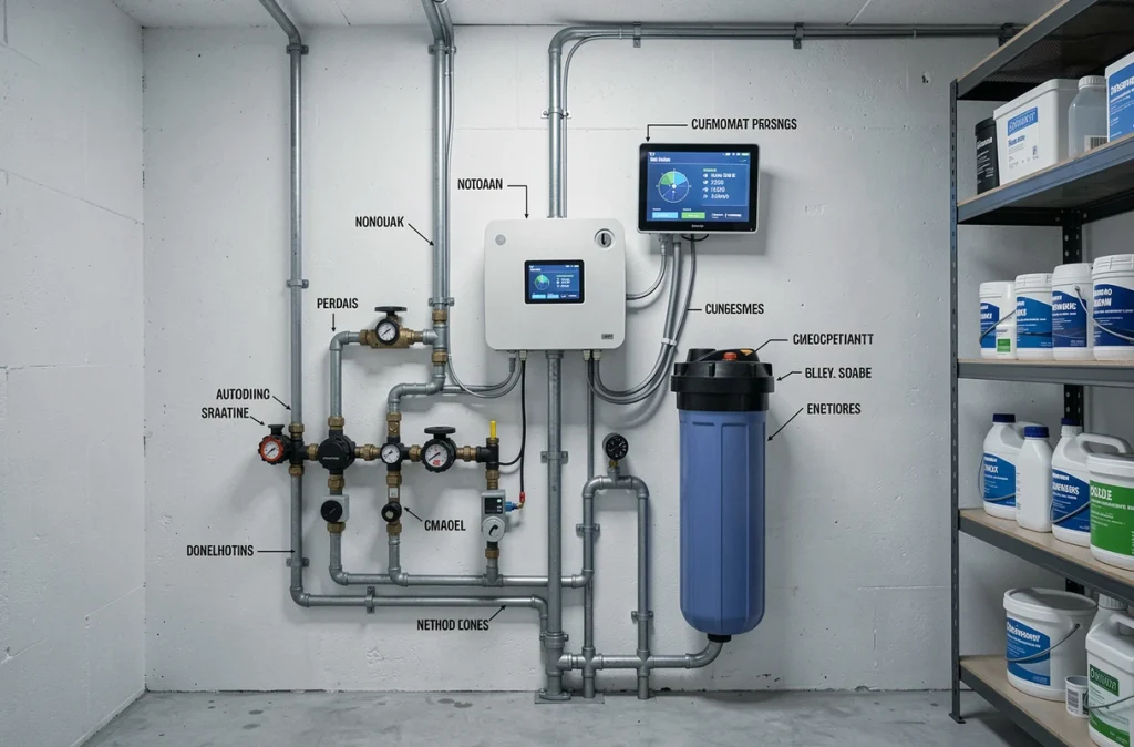 Centrale domotique de gestion de piscine installée dans une salle technique avec vannes automatisées et système de dosage chimique connecté