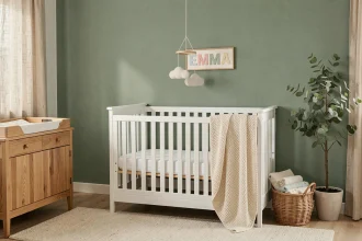 Chambre bébé décorée avec prénom personnalisé en lettres en bois pastel sur mur vert sauge