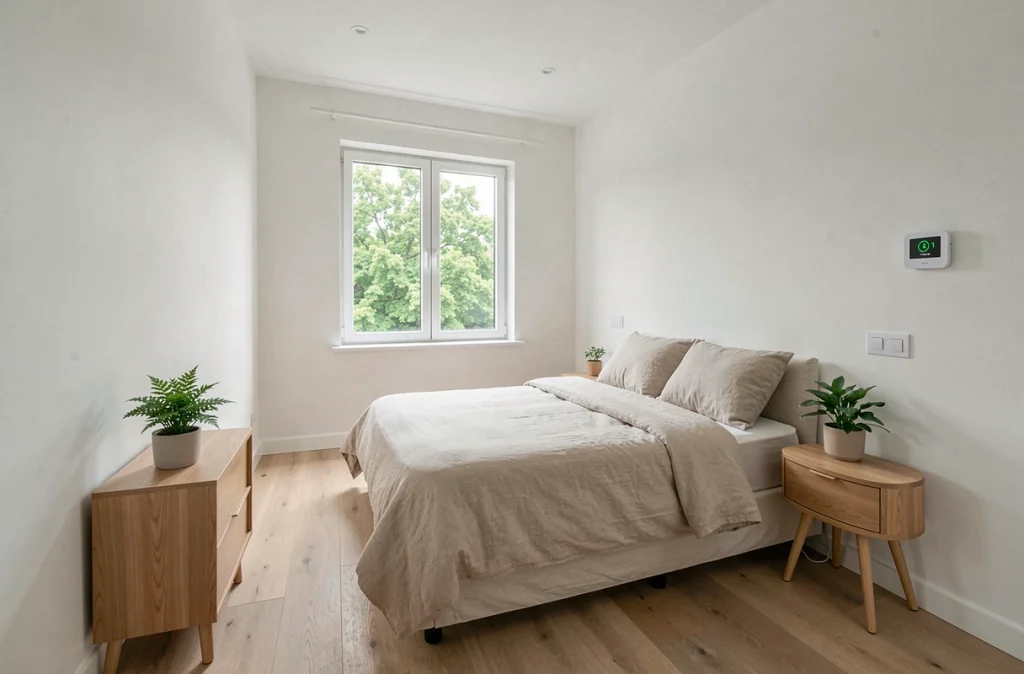 Chambre rénovée avec peinture dépolluante matte blanche, literie en lin neutre et capteur de qualité de l'air au mur