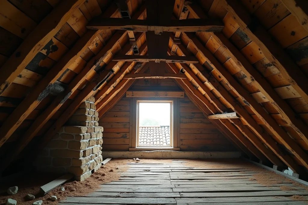 Vue d'ensemble d'une charpente traditionnelle en bois fortement dégradée par les mites du bois dans un grenier de maison ancienne