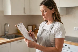 Femme vérifiant une check-list d'entretien de la maison dans une cuisine moderne avec plan de travail en bois