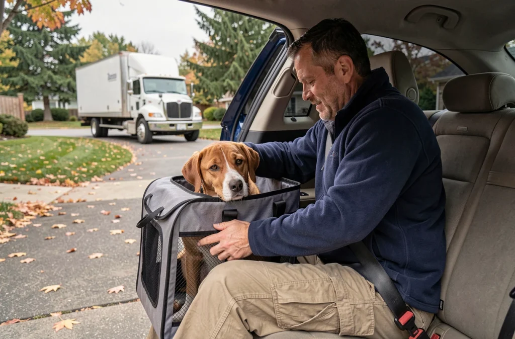 Homme installant son chien dans une caisse de transport dans le coffre d'un SUV le jour du déménagement