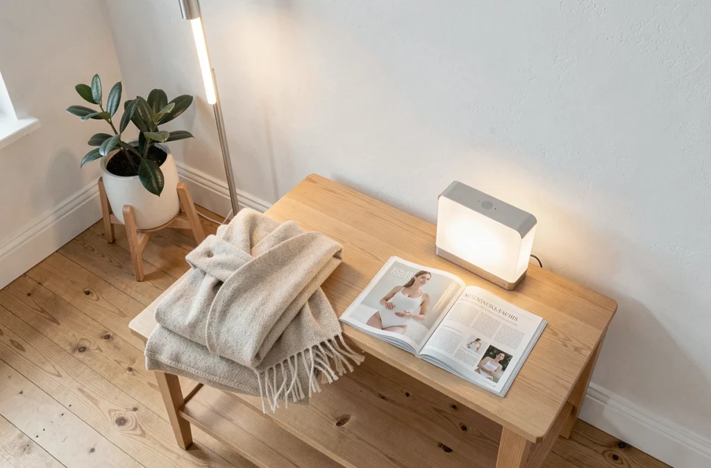 Comparatif lampe halogène sur pied et lampe de luminothérapie dans un intérieur scandinave épuré