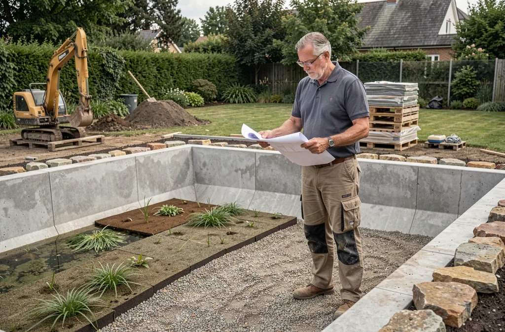 Professionnel du paysagisme supervisant la construction d'une piscine naturelle en cours d'aménagement dans un jardin résidentiel