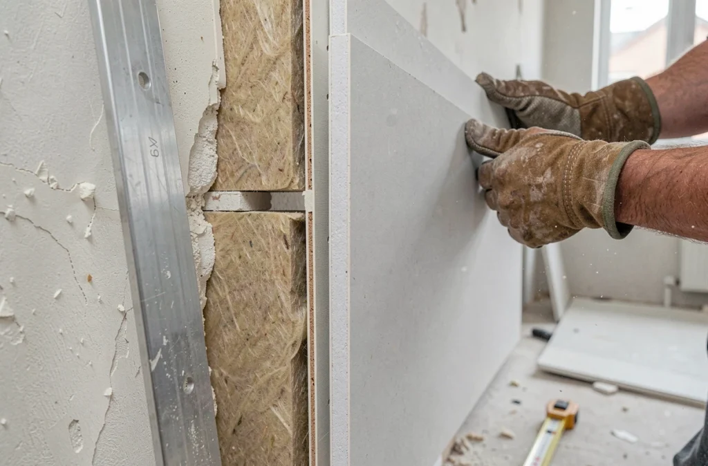 Gros plan des couches de matériaux d'isolation acoustique dans le mur d'un appartement ancien en rénovation