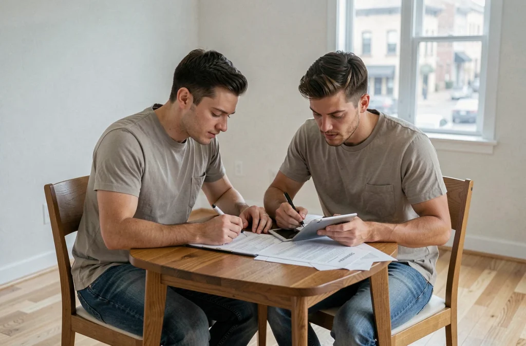 Couple consultant des documents pour anticiper le transfert de leur abonnement internet lors d'un déménagement dans un nouvel appartement