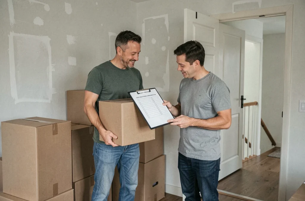 Couple dans un couloir d'appartement en train de préparer un déménagement avec des cartons et une liste de tâches administratives