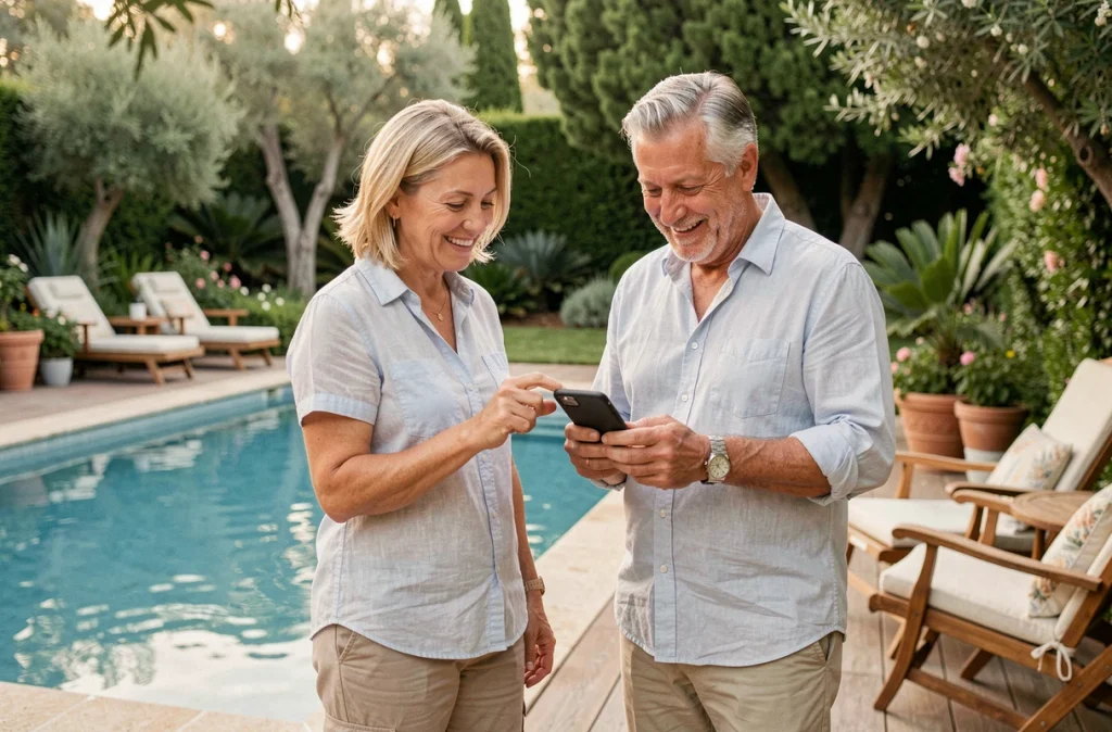 Couple consultant les économies d'énergie sur smartphone au bord d'une piscine équipée d'une pompe à chaleur