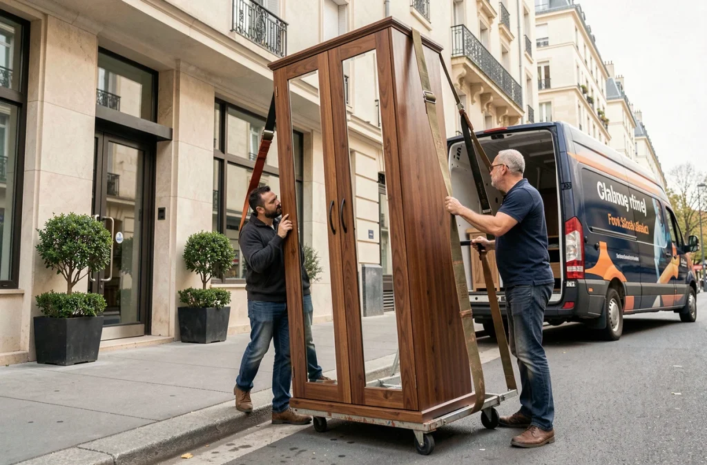 Deux déménageurs déchargeant une grande armoire à miroirs d'un taxi meuble devant un immeuble parisien