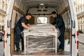 Deux déménageurs professionnels emballant soigneusement un meuble fragile en marbre dans un taxi meuble spécialisé à Paris