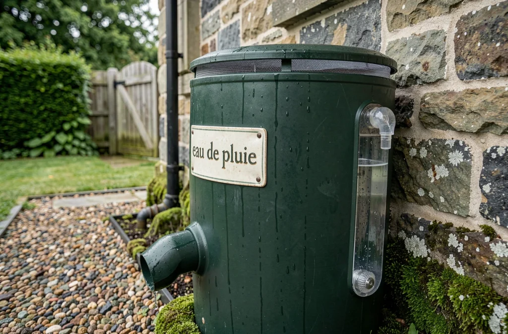 Détail d'un récupérateur d'eau de pluie en résine avec filtre et jauge de niveau contre un mur en pierre