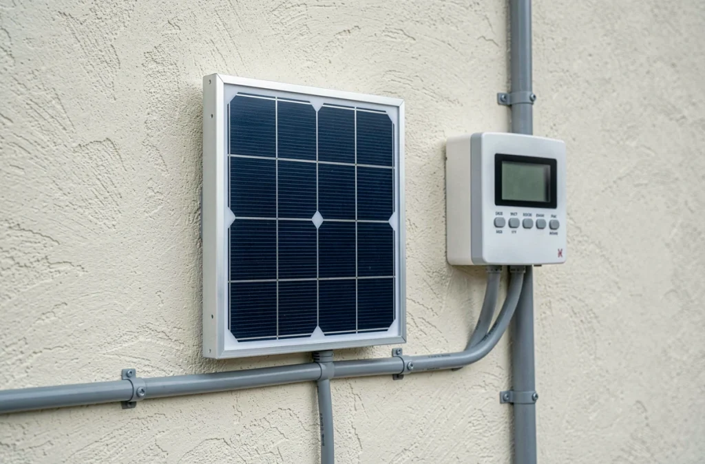 Détail du panneau solaire et du boîtier de commande d'un volet roulant solaire en extérieur