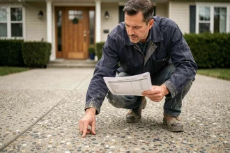 Entrepreneur examinant un devis pour la pose de béton désactivé sur une allée de maison individuelle