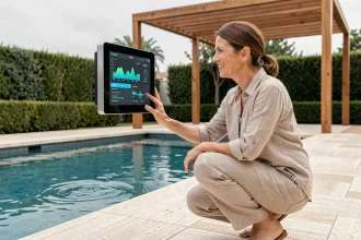 Femme utilisant un panneau de contrôle domotique au bord d'une piscine moderne pour gérer l'entretien automatisé de l'eau
