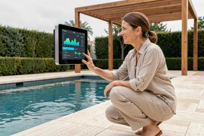 Femme utilisant un panneau de contrôle domotique au bord d'une piscine moderne pour gérer l'entretien automatisé de l'eau