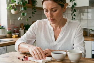 Femme retirant une vieille tache de fruit sur un chemisier en lin blanc avec un chiffon doux dans une cuisine