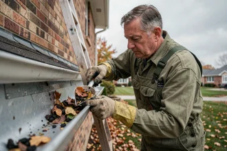 Homme en salopette entretenant une gouttière en aluminium en retirant des feuilles mortes depuis une échelle, maison en brique en arrière-plan en automne