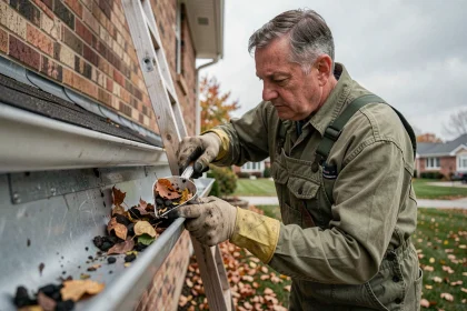 Homme en salopette entretenant une gouttière en aluminium en retirant des feuilles mortes depuis une échelle, maison en brique en arrière-plan en automne