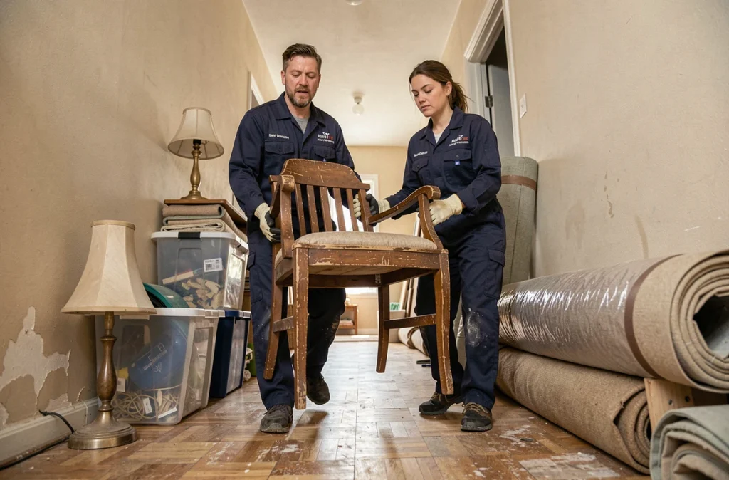 Équipe de débarras professionnelle évacuant des meubles dans un appartement en cours de vidage