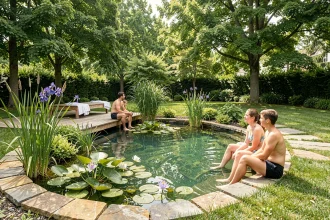 Famille profitant d'une piscine naturelle avec zone de lagunage plantée dans un jardin verdoyant en été