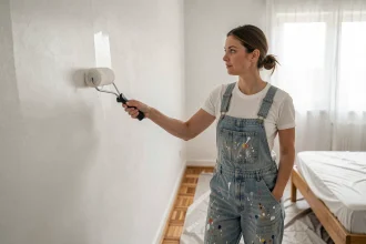 Femme appliquant une peinture dépolluante blanche sur le mur d'une chambre moderne avec un rouleau de peinture professionnel