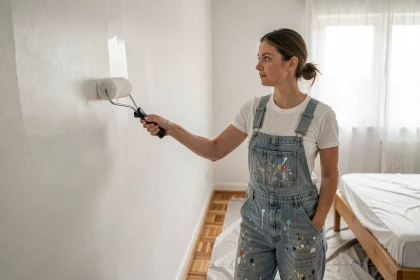 Femme appliquant une peinture dépolluante blanche sur le mur d'une chambre moderne avec un rouleau de peinture professionnel