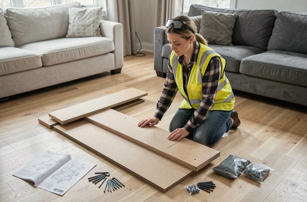 Femme bricolant un meuble en kit dans un salon avec équipements de protection individuelle