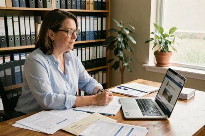 Femme assise à un bureau en bois remplissant des formulaires administratifs pour un changement d'adresse