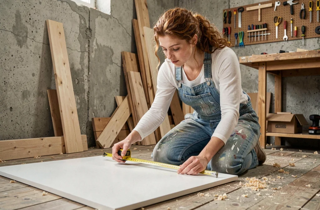 Femme mesurant un placard économique dans un atelier de bricolage maison pour un projet de rénovation