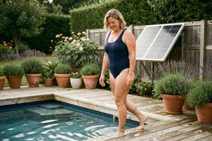Femme testant la température d'une piscine résidentielle chauffée par panneaux solaires thermiques dans un jardin