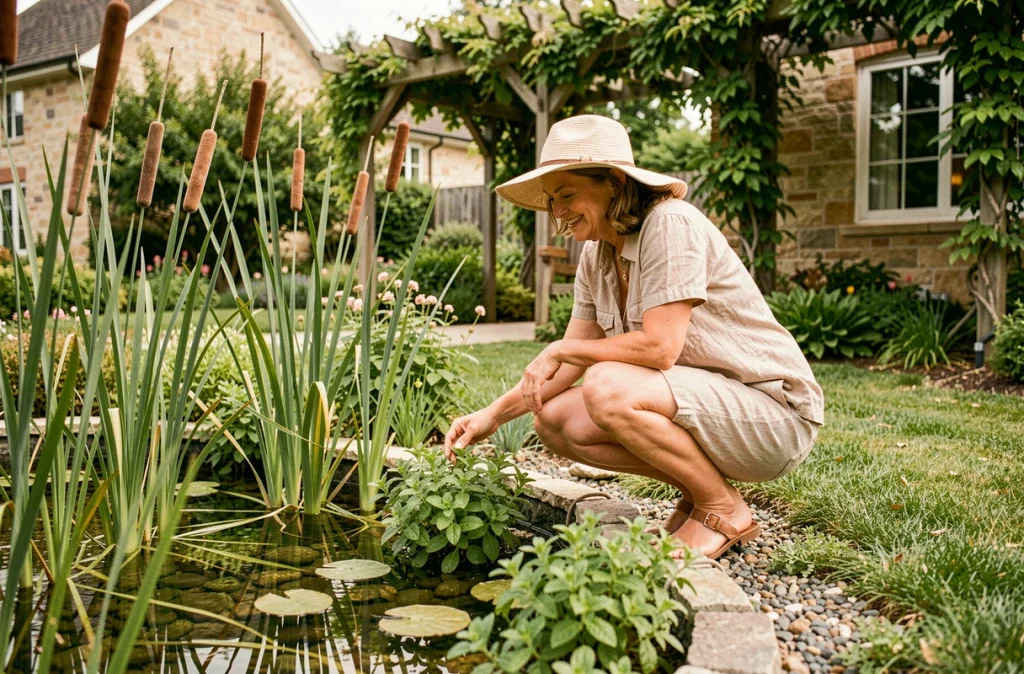 Femme inspectant les plantes aquatiques en bordure d'une piscine naturelle avec zone de filtration végétale