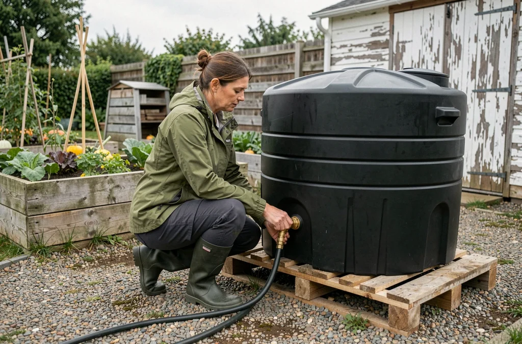 Femme branchant un tuyau d'arrosage sur un récupérateur d'eau de pluie dans un potager