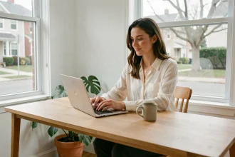 Femme en télétravail assise à un bureau en bois face à une grande fenêtre dans un espace de travail à domicile lumineux et minimaliste