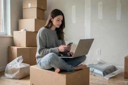 Femme assise sur des cartons de déménagement consultant son ordinateur portable pour transférer sa ligne internet vers sa nouvelle adresse