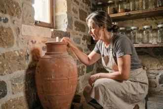 Femme installant un filtre céramique pour eau de pluie dans une cave en pierre d'une ancienne maison de campagne